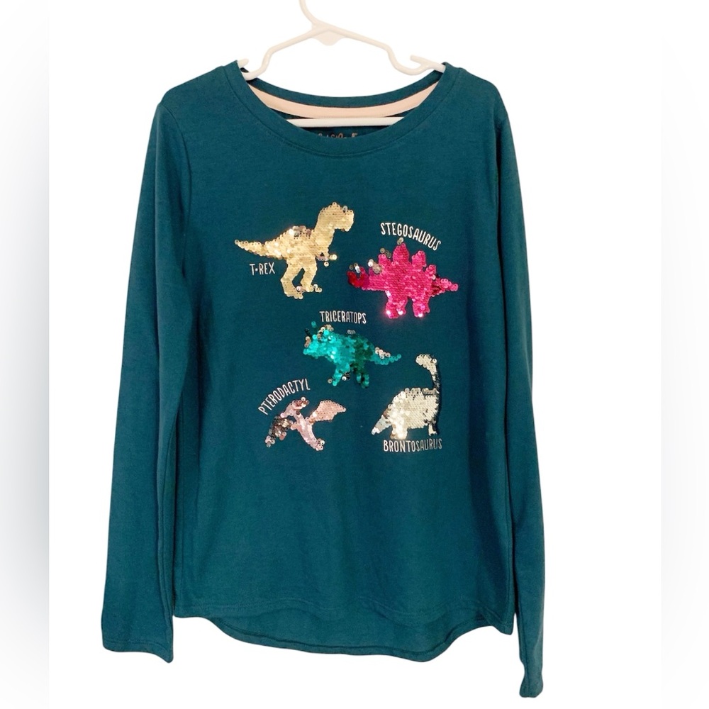 Cat & Jack Teal Dinosaur Flip Sequin Kids Shirt size 7-8 New With Tags
